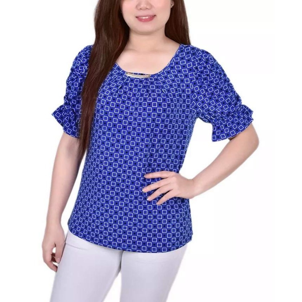 Notations Top Womens Petite PS Blue‎ Geometric Peasant Blouse Casuals NWT